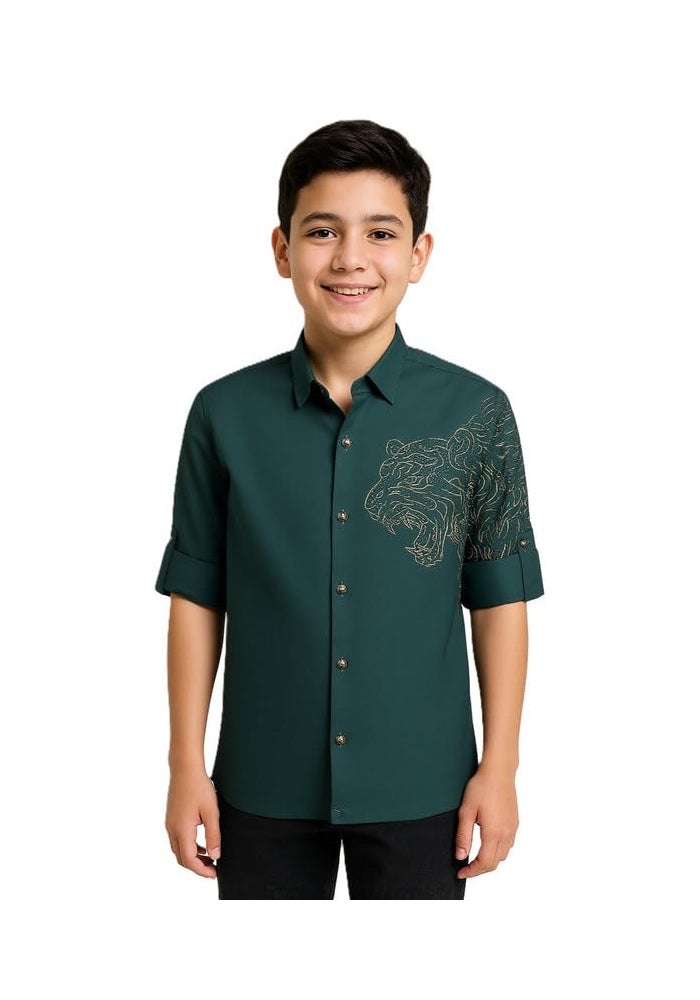 CHARCHIT Boys Regular Fit Printed Full Sleeve Shirt in Rama Green - Image 1